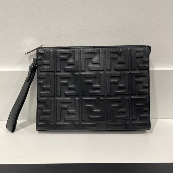 Fendi Vitello Grace Zucca Embossed FF 1974 Embossed Flat Pouch Black (JB1128) - Picture 1 of 9